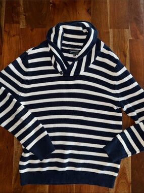 Men’s Express Navy & White Striped Shawl Collar Sweater